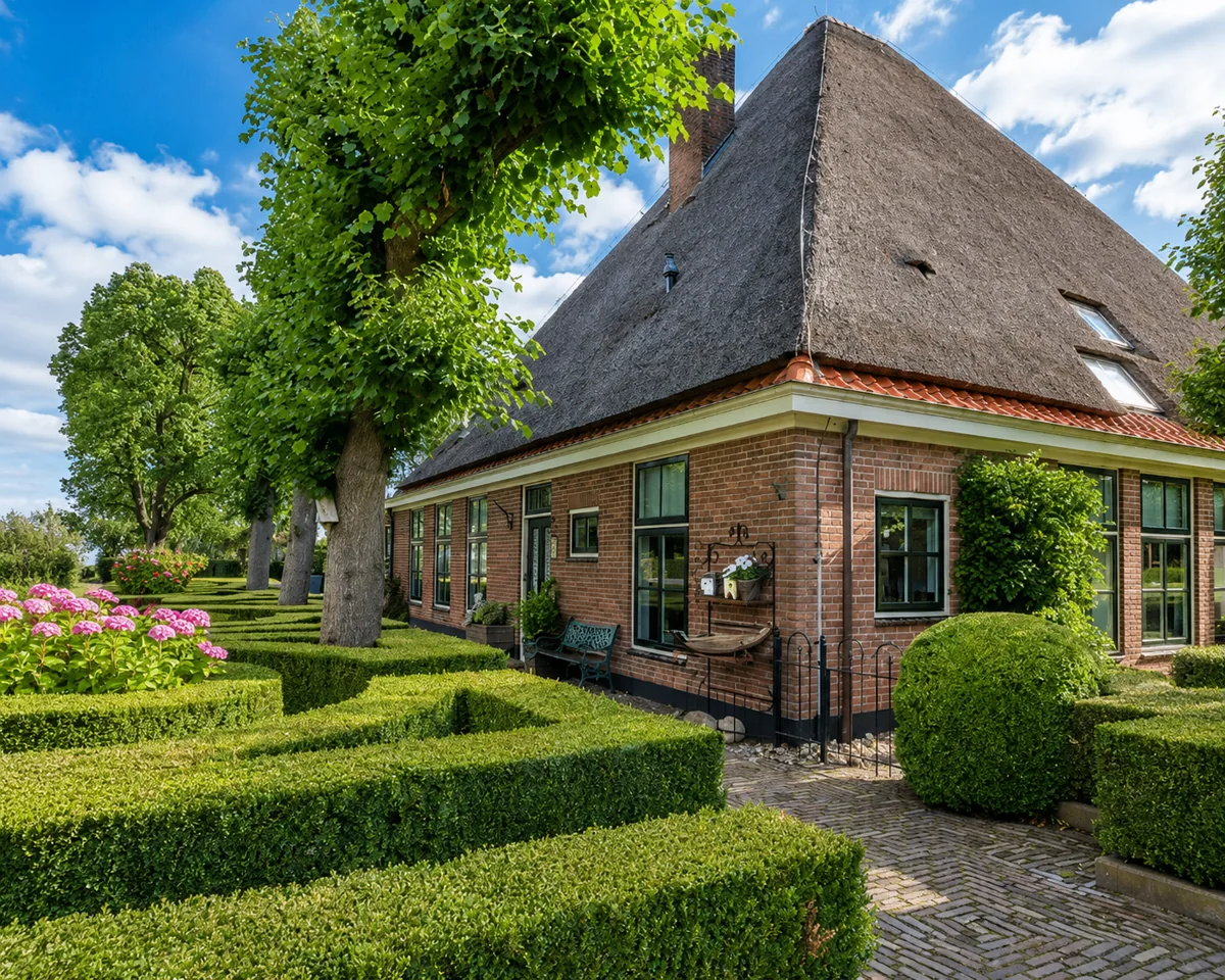 De boerderij van De Jeugdherberg: een rieten dak, bakstenen muren en buxushagen in de voortuin