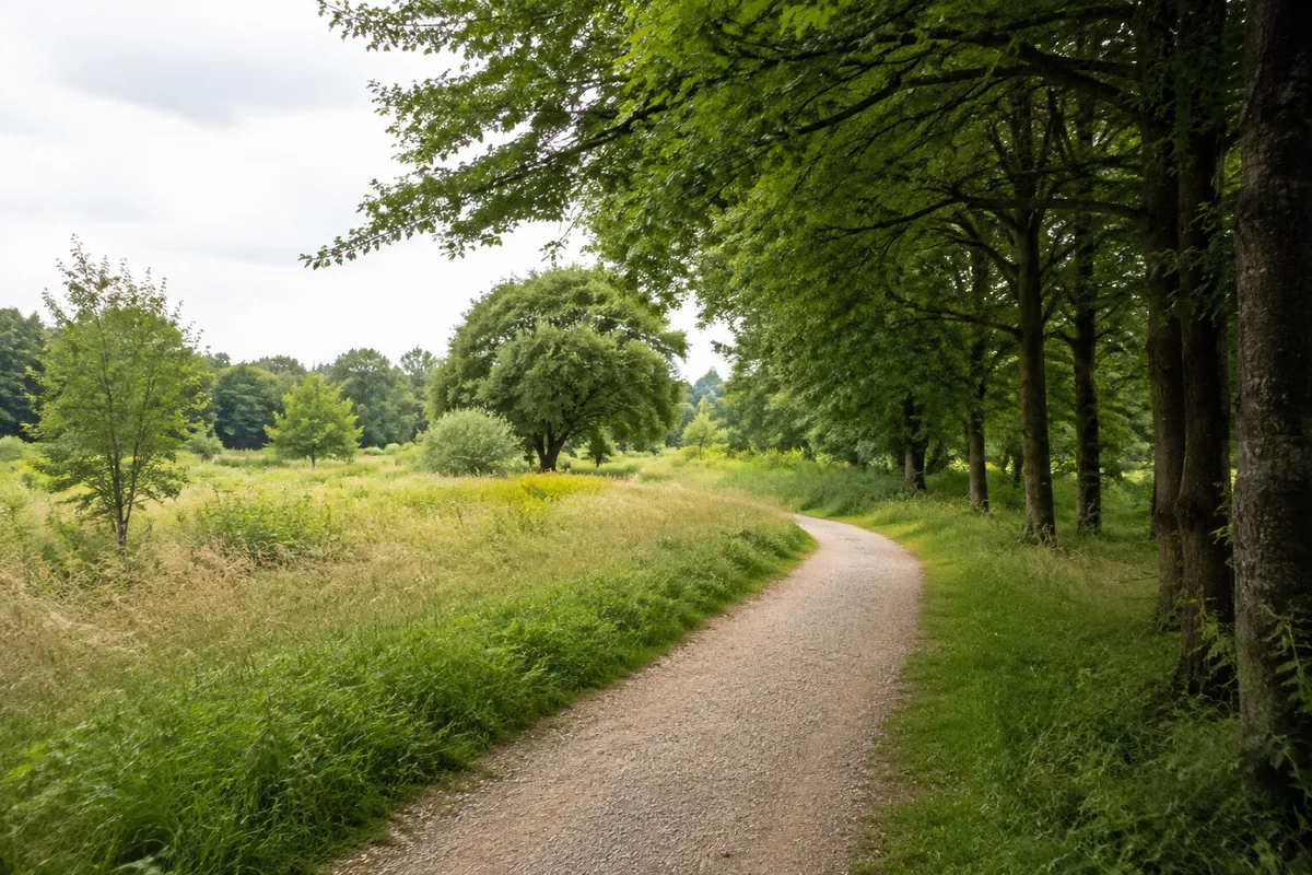 Een wandelpad langs bomen en een weiland in het groen