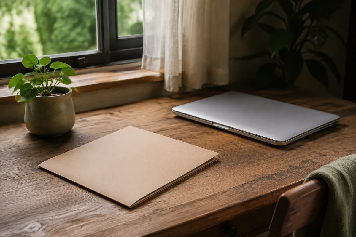 een gesloten dossiermap en laptop op een bureau