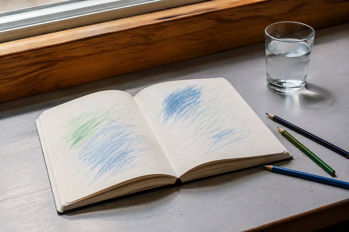schetsboek met kleurpotloden en een glas water