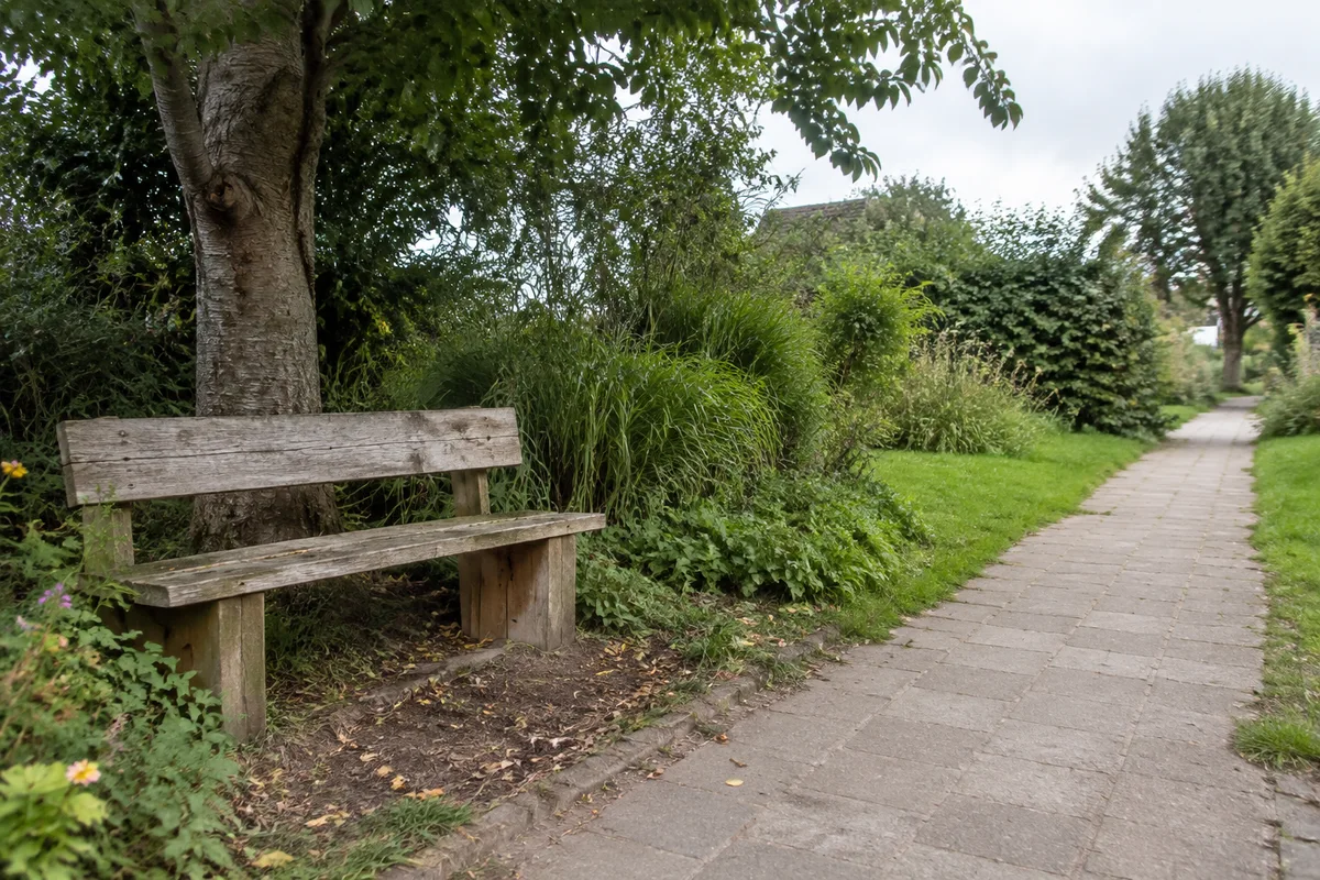 houten bank naast een tuinpad onder een boom